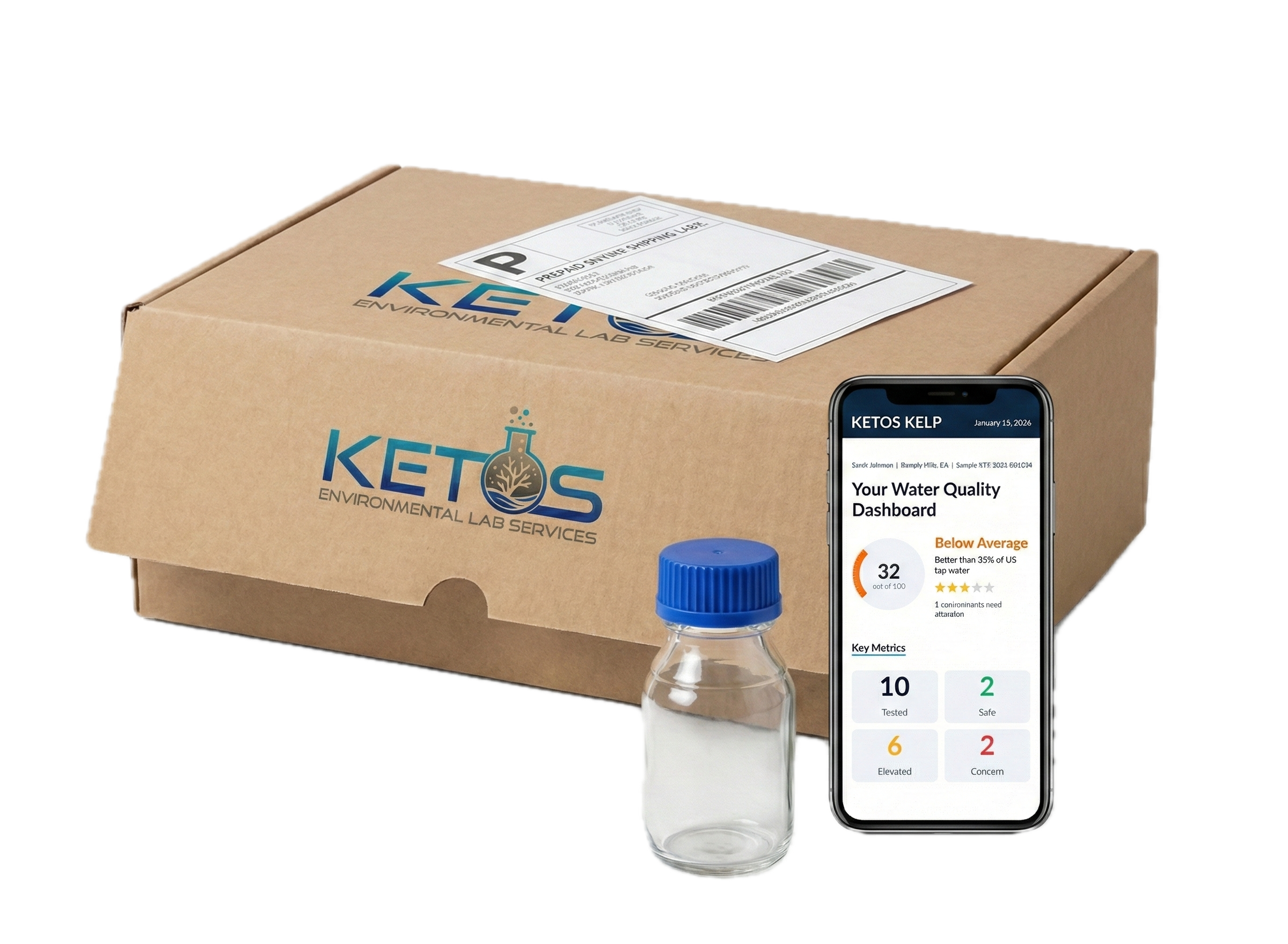 KETOS KELP water testing kit with sample bottles, prepaid shipping label, and digital report