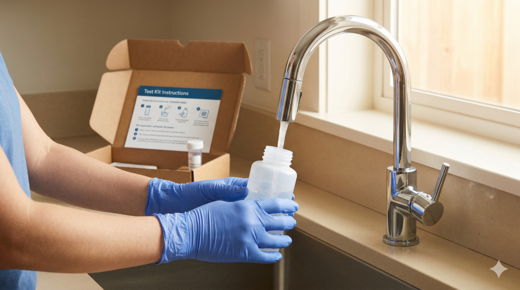 PFAS water testing kit with sample collection bottles for EPA-certified lab analysis