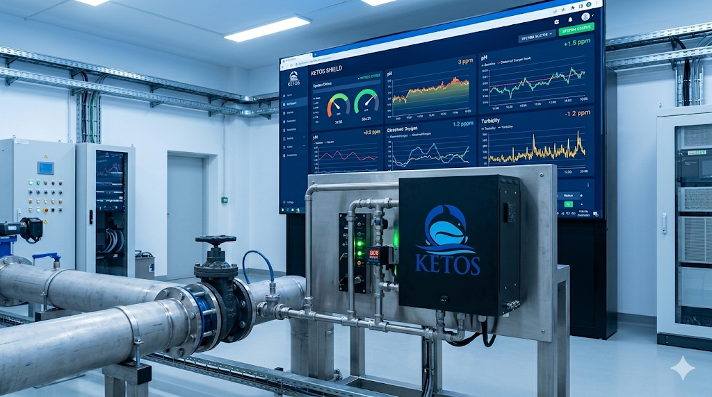 KETOS SHIELD water quality monitoring system installed on industrial pipes in a water treatment facility, with a real-time dashboard displaying pH, dissolved oxygen, and turbidity readings